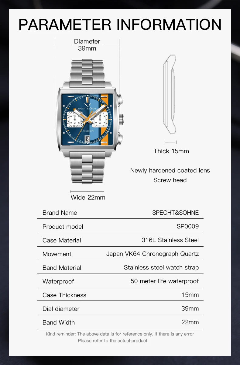 Specht&Sohne New Arrivals Japan VK64 Chronograph Men Quartz Watch 316L Stainless Steel Leather Strap Luminous Waterproof 30M