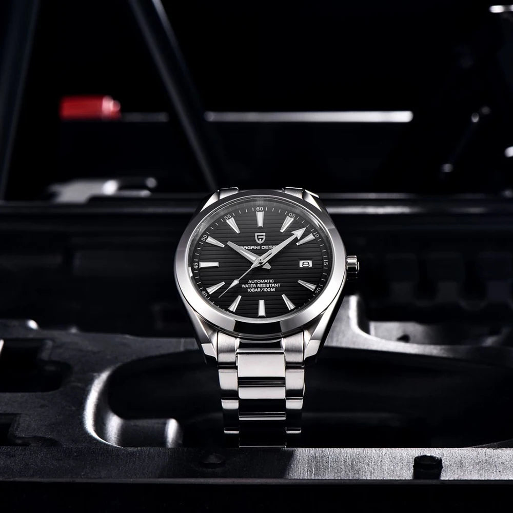 Relógio de luxo para homem PAGANI DESIGN – Modelo automático mecânico (calibre 8215), em aço inoxidável, estanque, com indicador de data e ponteiros luminescentes