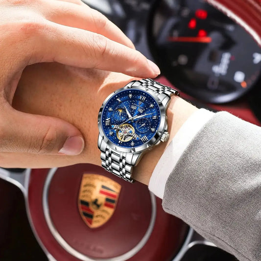 Montre mécanique automatique pour homme POEDAGAR – Modèle haut de gamme, boîtier en acier inoxydable, calendrier, tourbillon apparent