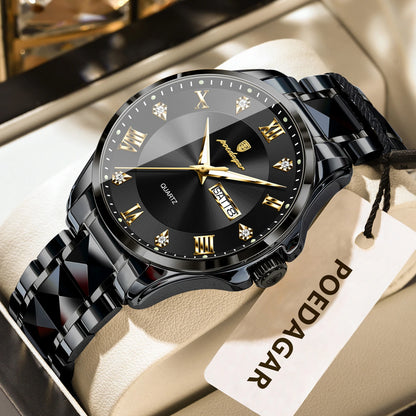 Relógio de homem POEDAGAR, modelo de luxo original, estanque, luminoso, com indicação da data e do dia, estilo elegante, caixa em aço inoxidável, movimento de quartzo, ideal para o trabalho.