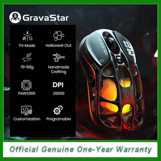 GravaStar Mercury M2 Wireless Gaming Mouse, PAW3395 Sensor, 26,000 DPI Lightweight RGB Gaming Mouse with Bluetooth & 2.4GHz Connectivity