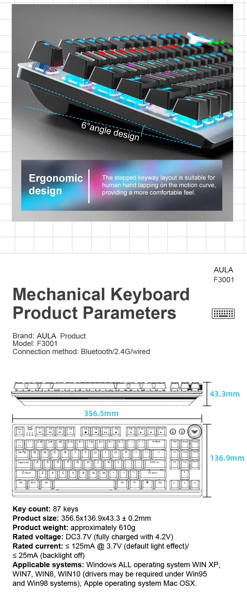 AULA F3001 Mechanical Keyboard Bluetooth Wireless Three Mode Metal Panel Two-color Injection Molding Cool Backlight Effect 87Key