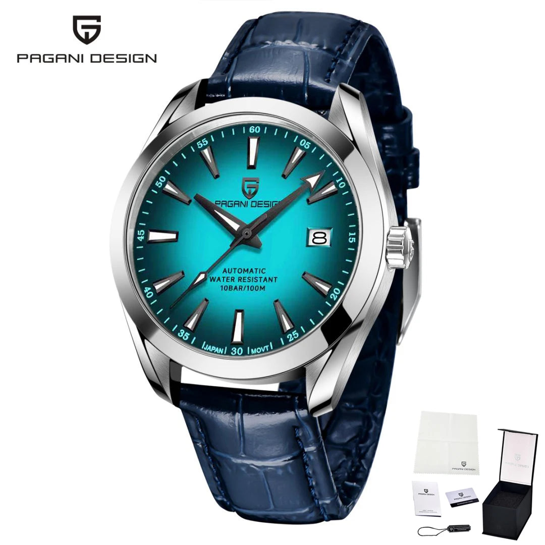 Relógio de luxo para homem PAGANI DESIGN – Modelo automático mecânico (calibre 8215), em aço inoxidável, estanque, com indicador de data e ponteiros luminescentes