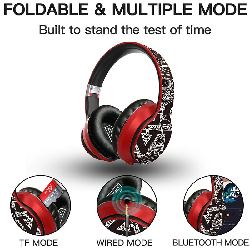 Wireless Bluetooth 5.0 Headphones Over Ear Headest Graffiti Design Foldable Headphone with Mic Hi-Fi Stereo For phone pc laptop