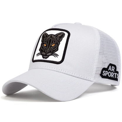 Modebaseballkasket med kattebroderi, sommerkasket i åndbart net, justerbar, hiphop-trucker-kasket, til mænd og kvinder, udendørs solkasket