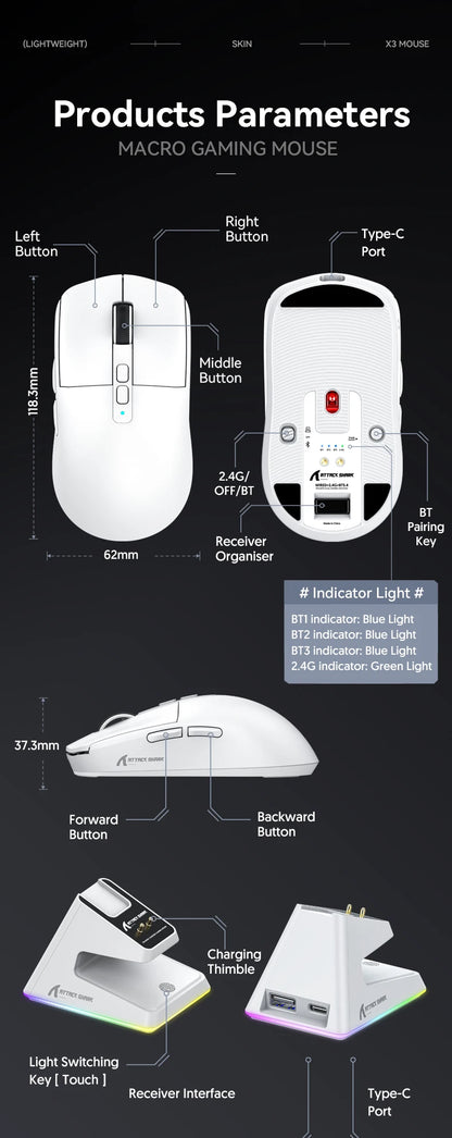 Attack Shark X6 Lightweight Wireless Gaming Mouse, Tri-Mode Bluetooth & 2.4G Gaming Mouse, 26,000 DPI RGB Charging Dock, PAW3395 Sensor