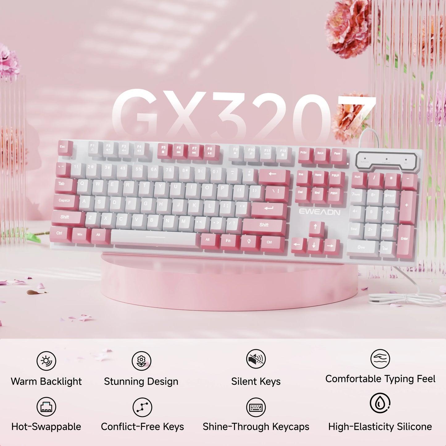 EWEADN Wired Pink White Keyboard, Full-Size Numpad, Quiet Keys, RGB Backlit Cute Design for Laptop/PC, Ideal for Work & Gaming