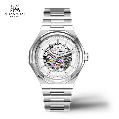 Shanghai Watch Dual Skeletonized Automatic Mechanical Watches 41mm Luminous Sapphire Men's Wristwatch 316L Stainless Steel S8008