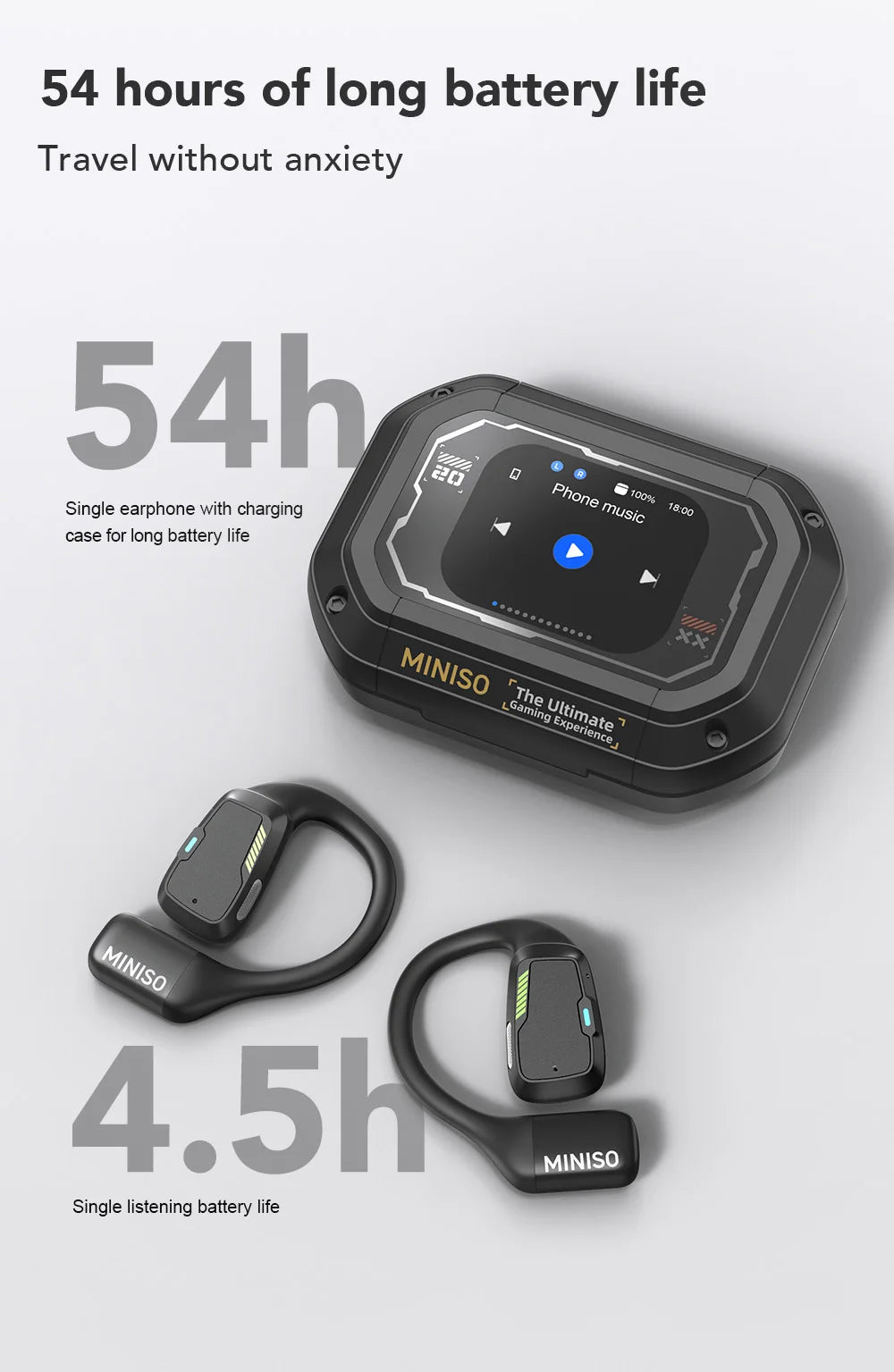 AI MINISO M98 Wireless Headphones OWS Bluetooth Earphones with AI Translator, Gaming Headset, Open Ear Sports Earbuds, LCD Touch Screen IPX5 Waterproof