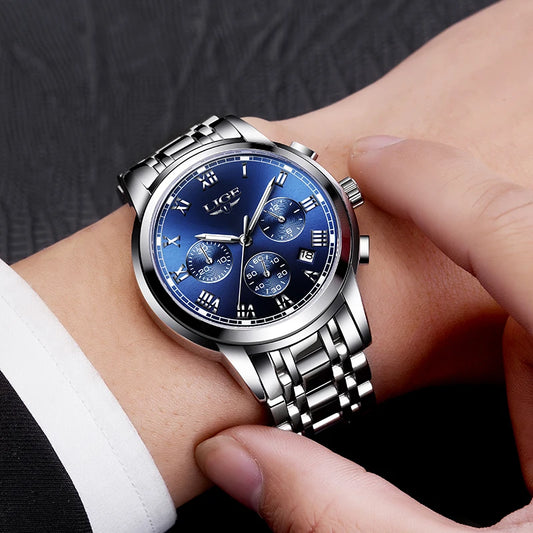 Pánské hodinky LIGE – luxusní chronograf, ležérní sportovní styl, vodotěsné, celokovové, quartzový strojek