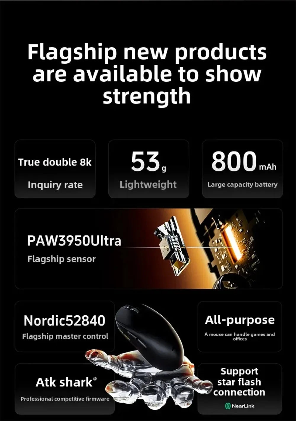 ATK Dragonfly A9 Wireless Gaming Mouse, PAW3950 Sensor, Tri-Mode Bluetooth Mouse, 30,000 DPI, 8KHz Polling Rate, Lightweight Ergonomic Esports Mouse