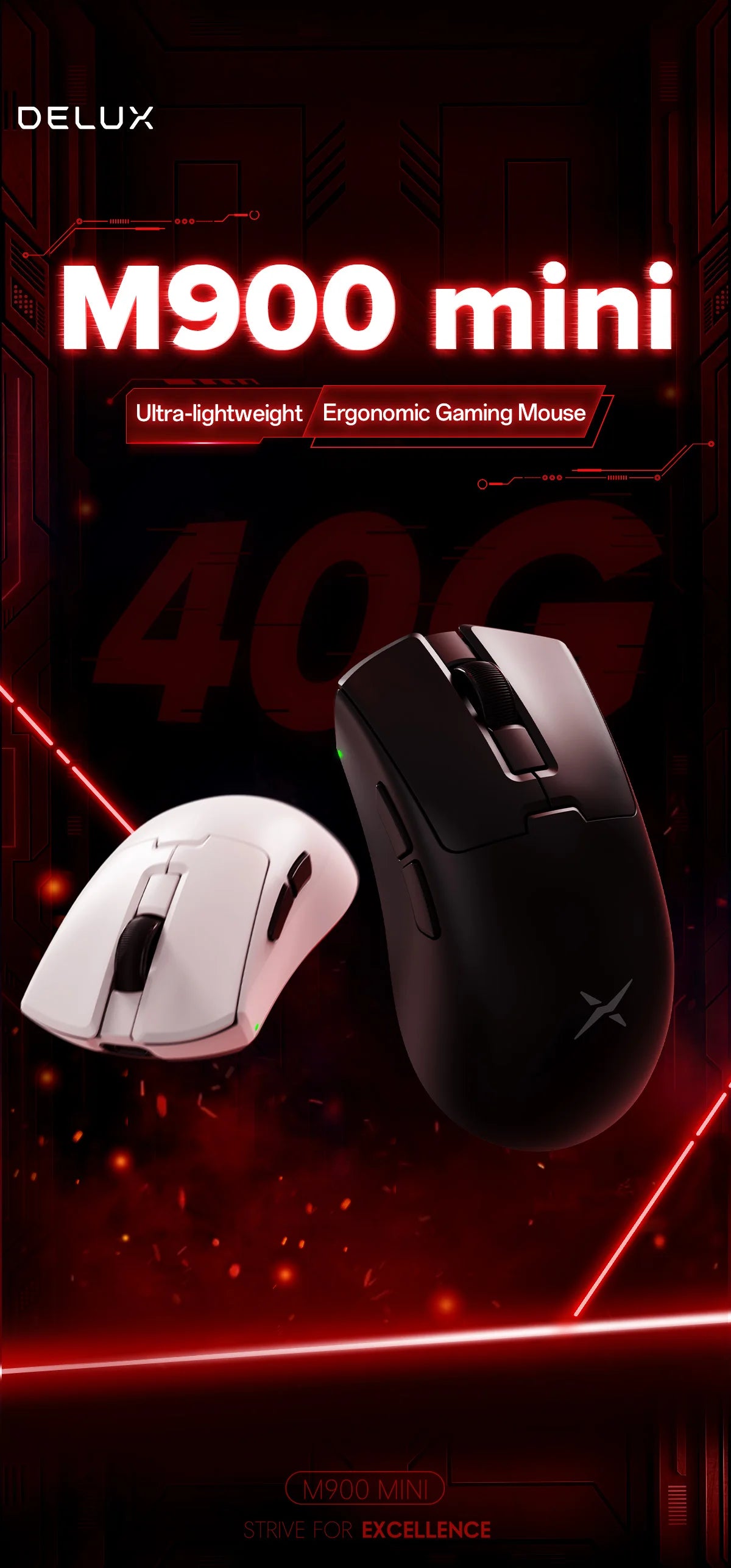 Delux M900mini PRO Wireless Gaming Mouse, Ultra-Lightweight 40g Ergonomic Gaming Mouse with PAW3395 Sensor, 26K DPI, 8KHz Polling Rate for PC & Laptop