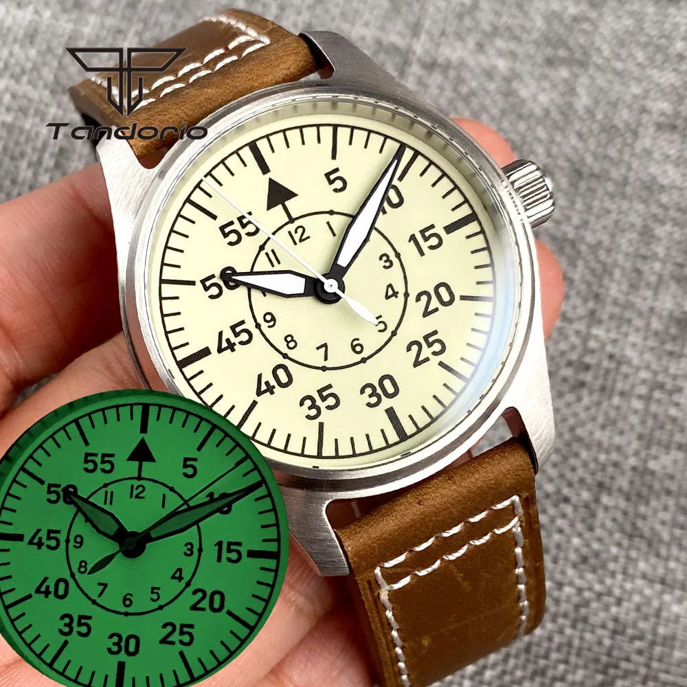 Tandorio Full Luminous Dial 39mm Men's Mechanical Pilot Watch Automatic Miyota 8215 PT5000 Steel Wristwatch AR Sapphire Crystal