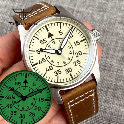 Tandorio Full Luminous Dial 39mm Men's Mechanical Pilot Watch Automatic Miyota 8215 PT5000 Steel Wristwatch AR Sapphire Crystal