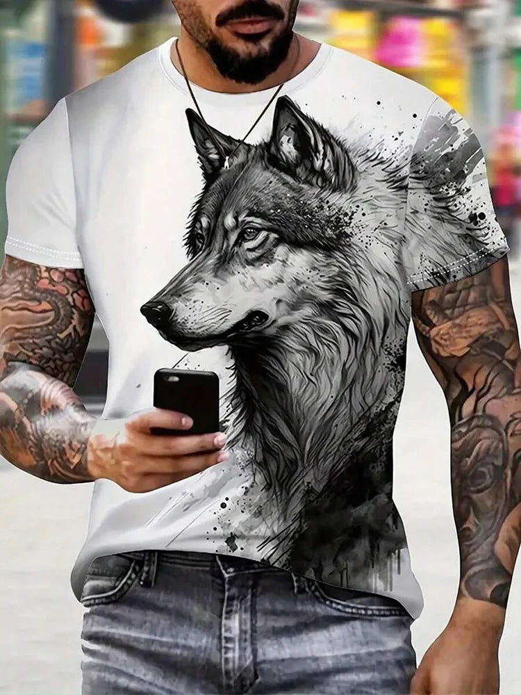 T-shirt da uomo con stampa 3D lupo, girocollo casual, maniche corte, tessuto traspirante e confortevole, abbigliamento streetwear outdoor da uomo