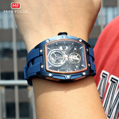 MINI FOCUS Men's Wristwatch Fashion Black Waterproof Automatic Mechanical Watch with Luminous Hands Silicone Strap Tonneau Dial