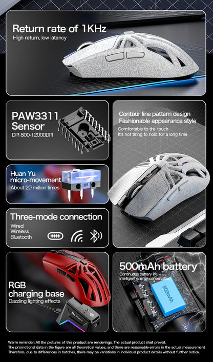 SMAILWOLF M8 Wireless Bluetooth Tri-Mode Gaming Mouse, 12000 DPI Lightweight RGB Gaming Mouse with PAW3311 Sensor, Magnetic Charging Dock