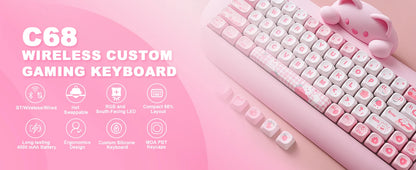 YUNZII C68 Pink 65% Hi-Fi Cute Cat Silicone Hot Swap NKRO  Ergonomic Wireless BT5.0/2.4G/Wired RGB Mechanical Gaming Keyboard