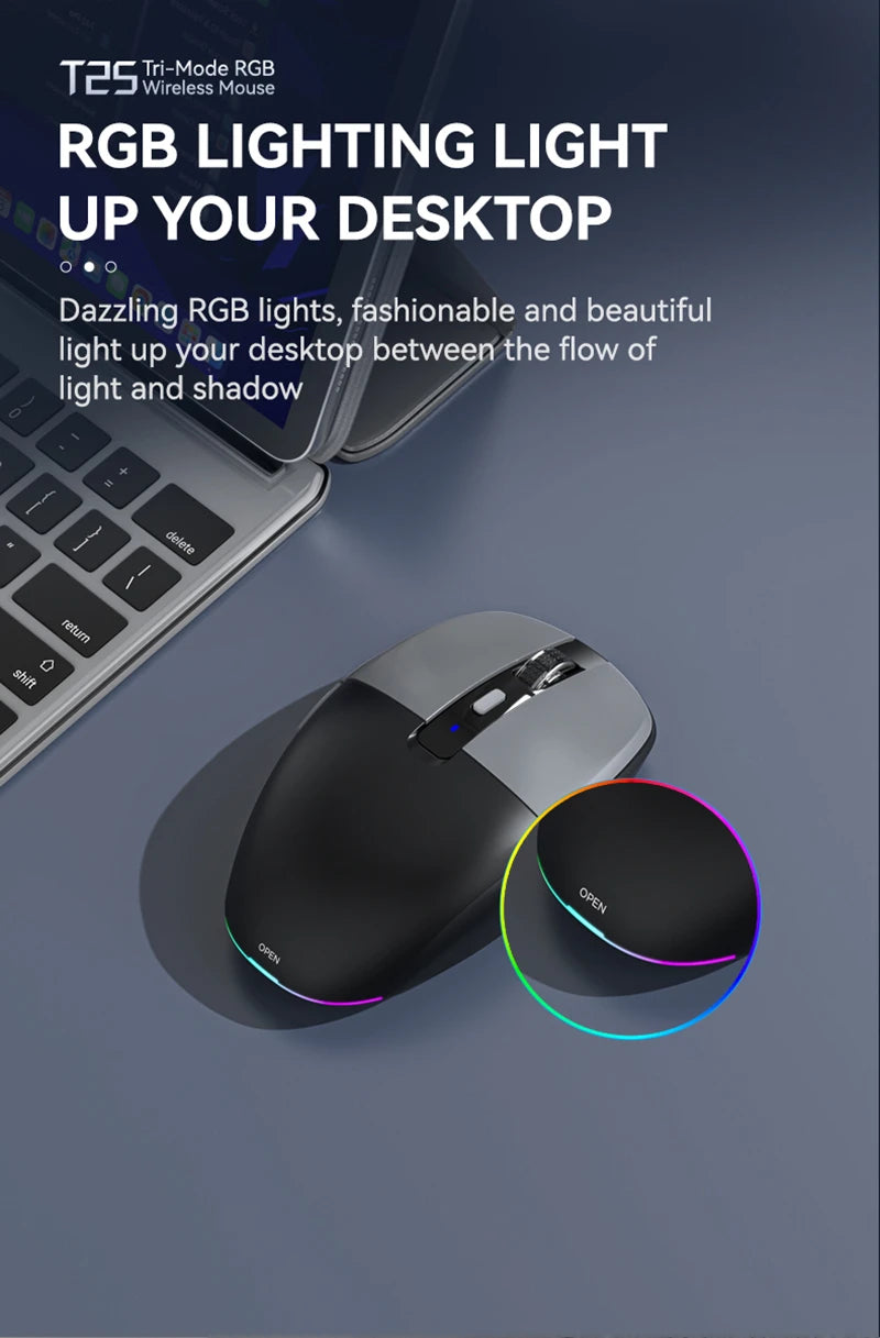Tri-Mode Wireless Mouse with Dual USB & Type-C Receivers, Bluetooth 5.1 Rechargeable Silent RGB Mouse for Laptop, PC, Mac, Android & iOS