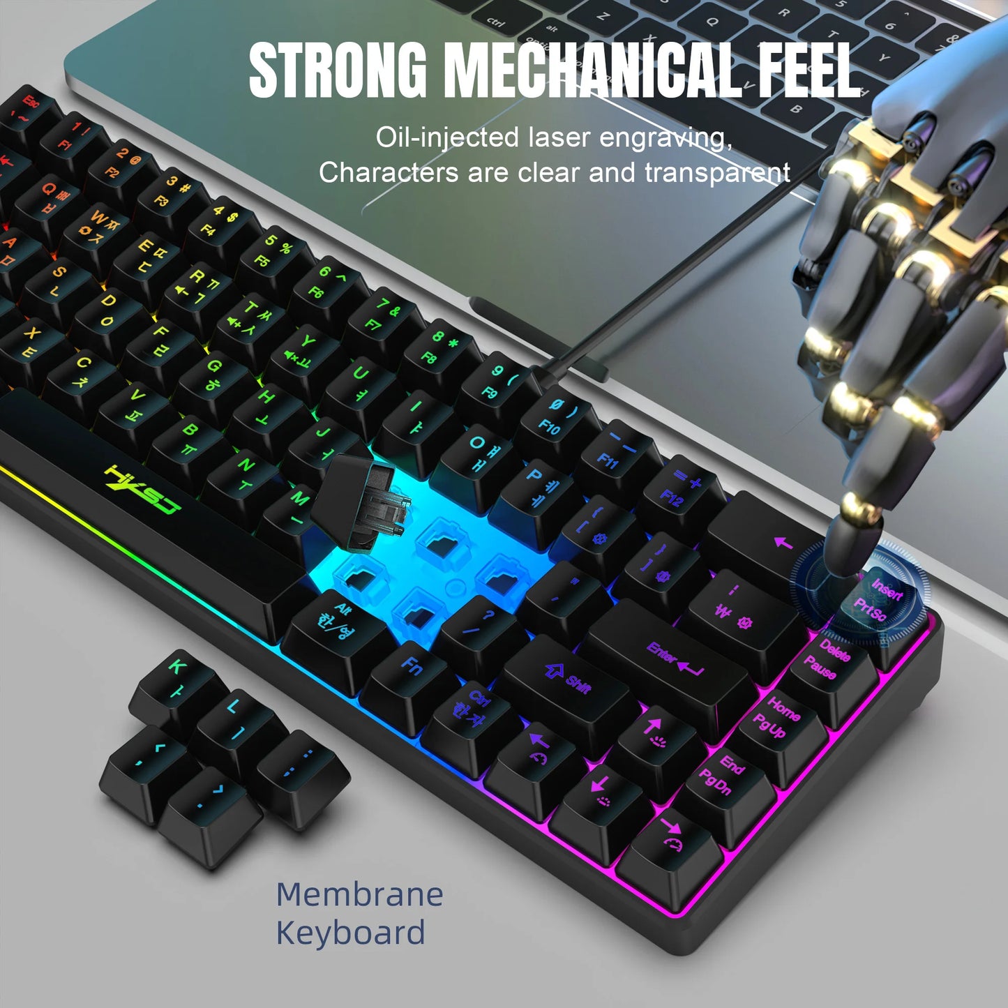 68-Tasten-Gaming-Tastatur, USB-kabelgebunden, tragbar, 20 RGB-Hintergrundbeleuchtungen, koreanische Tastatur für Windows-Laptops und Computer