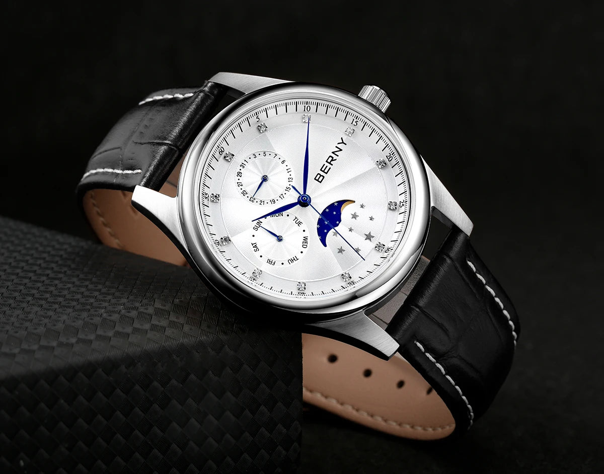 BERNY Men Watch Date Weeks Moon Phase Quartz Watches for Men Stainless Steel Leather Strap Business Wristwatch Male Clock