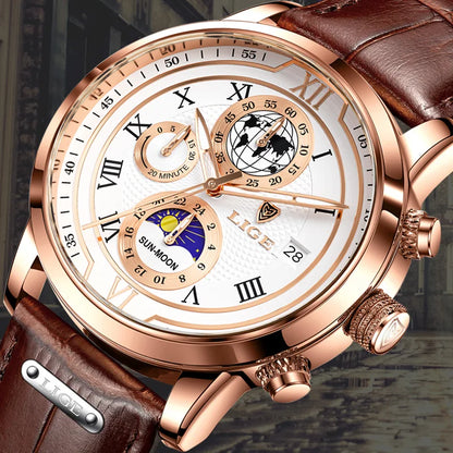 LIGE Luxury Man Wristwatch Waterproof Luminous Chronograph Watch for Men Leather Strap Men's Quartz Watches Reloj Hombre+Box