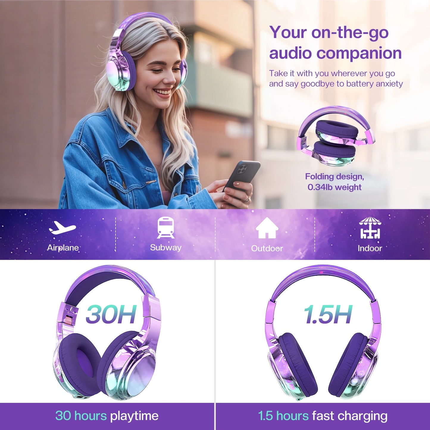 Gradient Kids Bluetooth Headphones Over Ear Girls Wireless Headphones With Mic Foldable Lightweight Headset Forfor School Travel