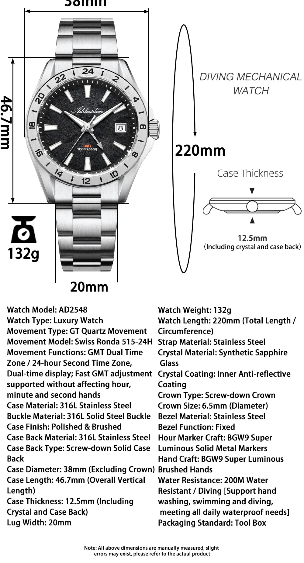 ADDIESDIVE GMT Men Quartz Watch Sapphire Crystal Swiss Ronda 515-24H Dual Time BGW9 Super Luminous 20Bar Waterproof Diver Watch