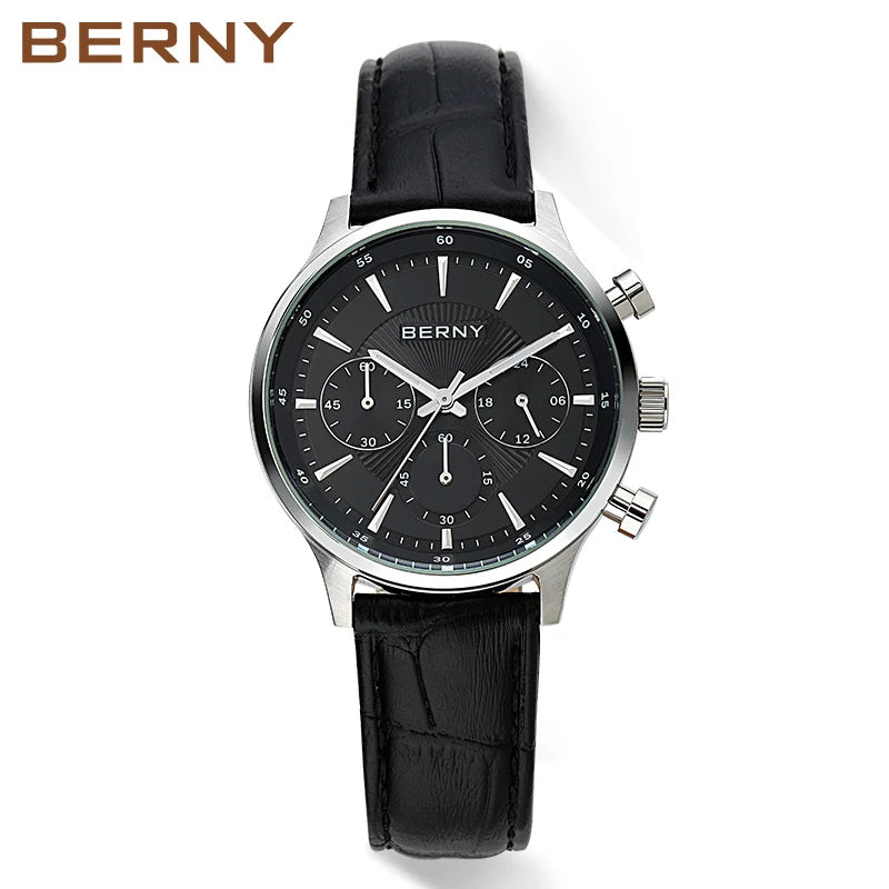BERNY 24H Chronograph Watch for Men Luxury VD54 Watches Fashion Waterproof Genuine Leather Strap Quartz Sport Men's Wristwatch