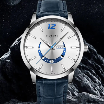 TOMI quartz watch, business-style and elegant, with a leather strap, alloy case and analogue dial – High-end design, a gift idea for men