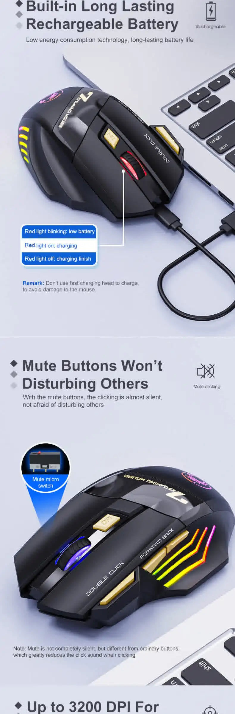 Wireless Bluetooth Rechargeable Gaming Mouse with RGB Backlight, Ergonomic Silent Computer Mouse, 7 Keys, Adjustable DPI for PC Laptop