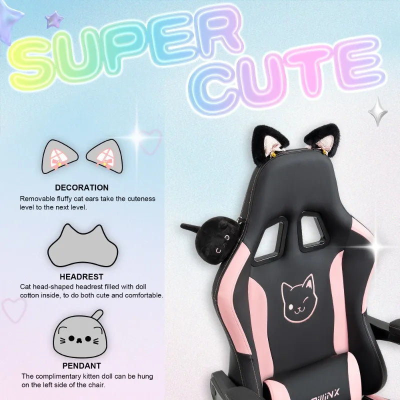 Uroczy fotel gamingowy z kocimi uszami i podnóżkiem, różowy fotel komputerowy kawaii, ergonomiczne siedzisko dla gracza z wysokim oparciem i podparciem lędźwiowym w kształcie kociej łapki