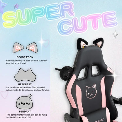 Uroczy fotel gamingowy z kocimi uszami i podnóżkiem, różowy fotel komputerowy kawaii, ergonomiczne siedzisko dla gracza z wysokim oparciem i podparciem lędźwiowym w kształcie kociej łapki