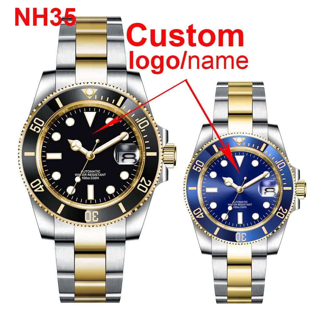 Custom logo NH35 MIYOTA 8215 Automatic Men Watch Luxury Diver Two Tone Gold 316L Stainless Steel Sapphire 10ATM Sterile Sunburs
