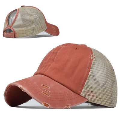 1 casquette de baseball vintage en maille « ponytail », casquette de camionneur ajustable, délavée et vieillie, offrant une protection solaire en extérieur, idéale pour le printemps et l'automne