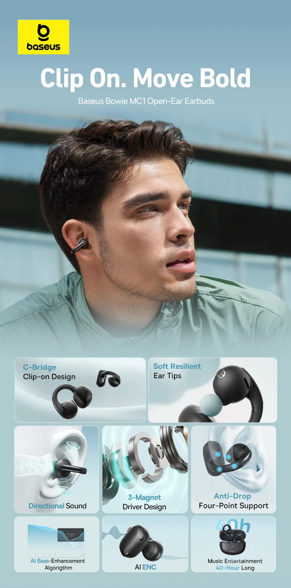 Baseus Bowie MC1 Ear Clip Wireless Earphones Bluetooth 5.4 Open-Ear Clip-On Sports Earbuds IP57 Waterproof AI Bass Ear Clip Headphones