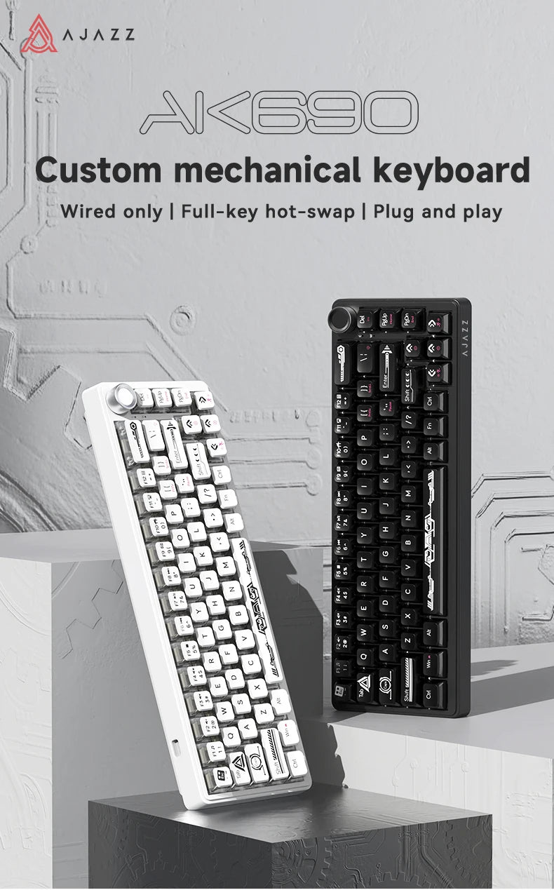 AJAZZ AK690 Clavier mécanique à 65 %, toutes les touches remplaçables à chaud, filaire USB Plug-and-Play, rétroéclairage mixte, 68 touches, clavier gaming pour ordinateur portable et PC