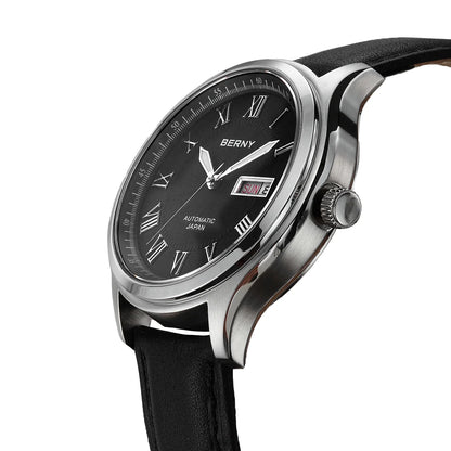BERNY Automatic Watches for Men Sapphire Luminous Hands Day Calendar Dress Luxury Mechanical Watch 5ATM Vintage-Style Wristwatch