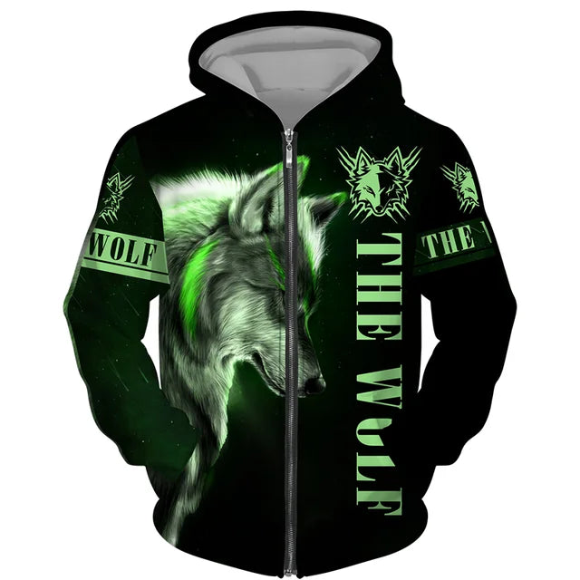 Sweat à capuz com fecho e estampado 3D de lobo, estilo streetwear, para homem/mulher, casaco com capuz unissexo casual hip-hop