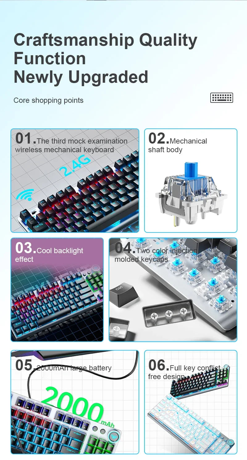 AULA F3001 Mechanical Keyboard Bluetooth Wireless Three Mode Metal Panel Two-color Injection Molding Cool Backlight Effect 87Key