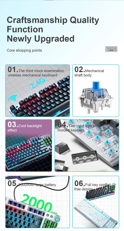 AULA F3001 Mechanical Keyboard Bluetooth Wireless Three Mode Metal Panel Two-color Injection Molding Cool Backlight Effect 87Key