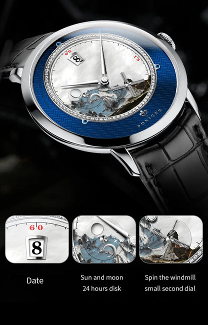 PONIGER Sapphire Crystal Glass Wrist Watch Painting Dial Man Leather Automatic Wristwatch MIYOTA 8219
