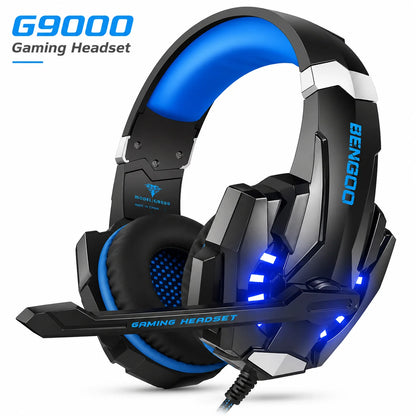 Casque de jeu G9000, casque supra-auriculaire filaire blanc avec microphone, éclairage LED, son stéréo pour PC, ordinateur portable et jeux vidéo.