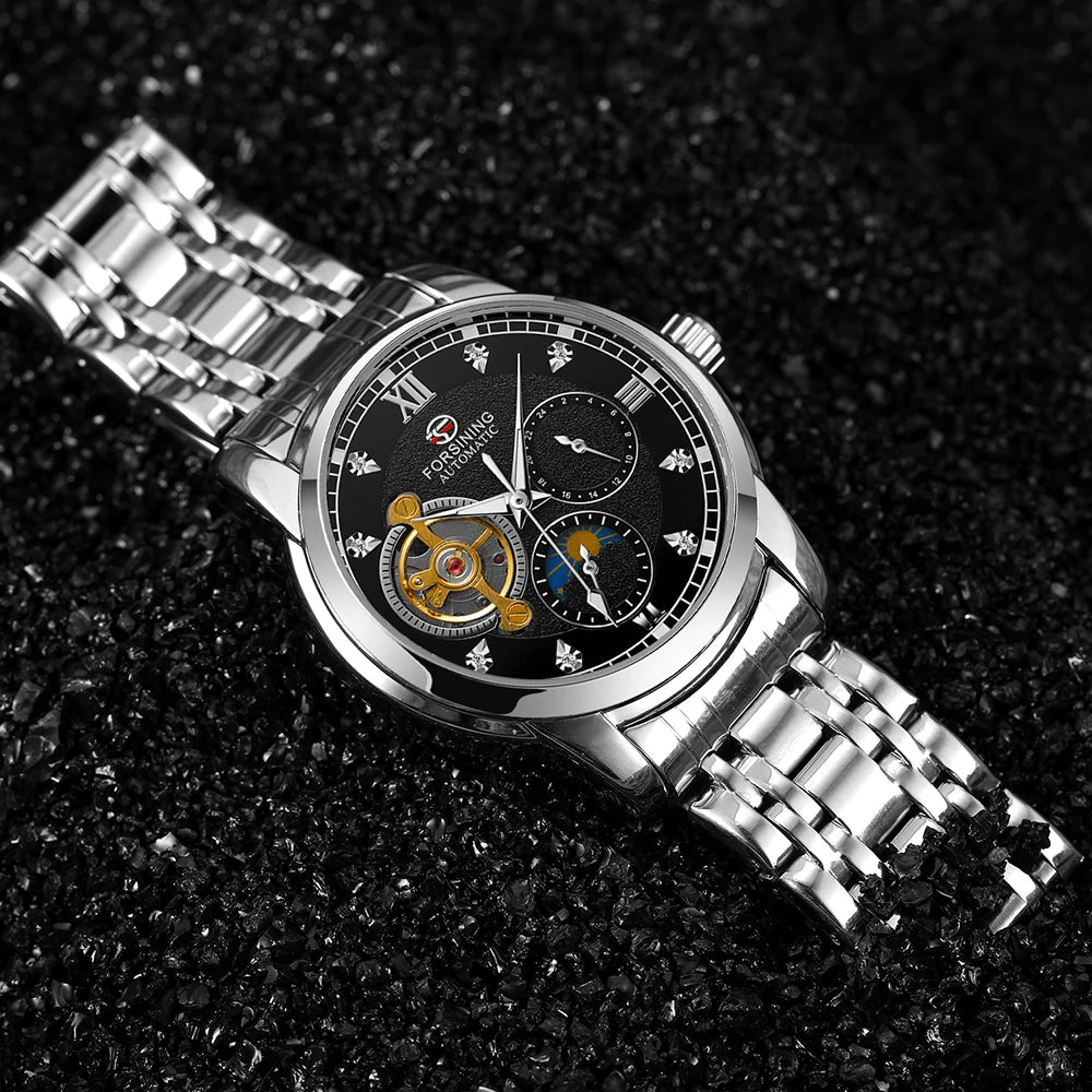 Reloj mecánico automático para hombre Forsining: estilo de lujo, ejecutivo y moderno; brazalete de metal; tourbillon; agujas luminiscentes; adornado con diamantes sintéticos
