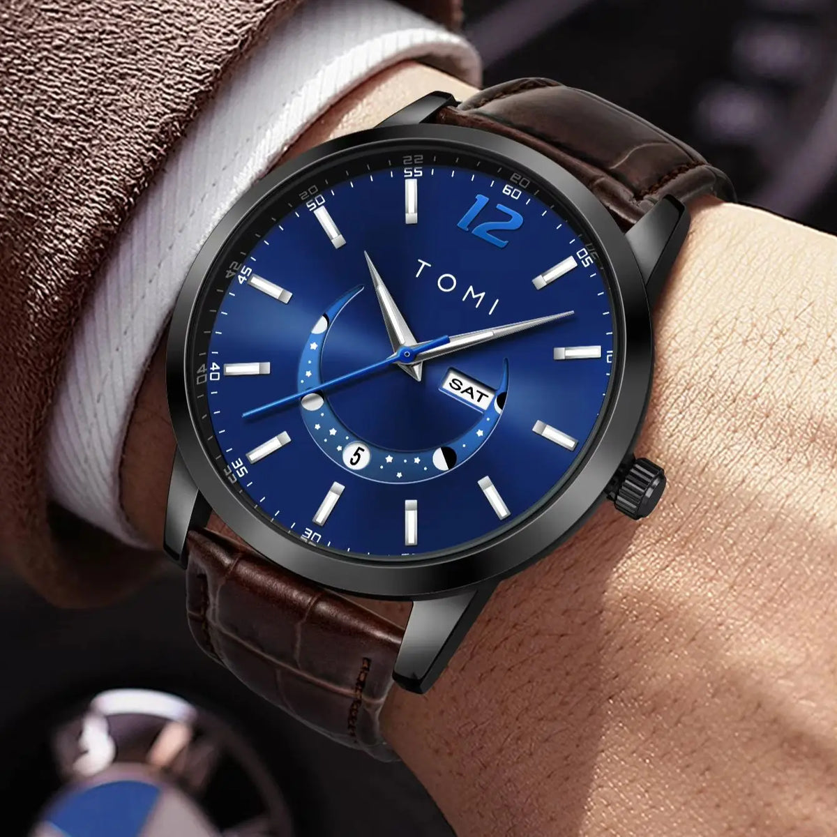 TOMI quartz watch, business-style and elegant, with a leather strap, alloy case and analogue dial – High-end design, a gift idea for men