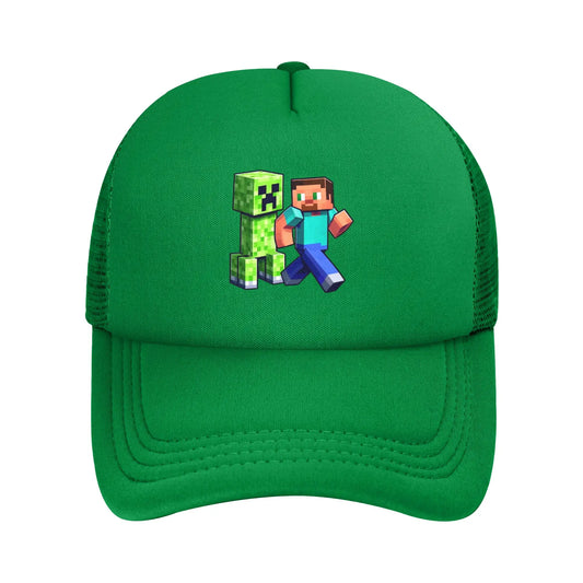 blocky adventurer discover a Creepers monster behind him Trucker Cap Sun Hats Cap Adjustable Snapback Caps Mesh Baseball Cap