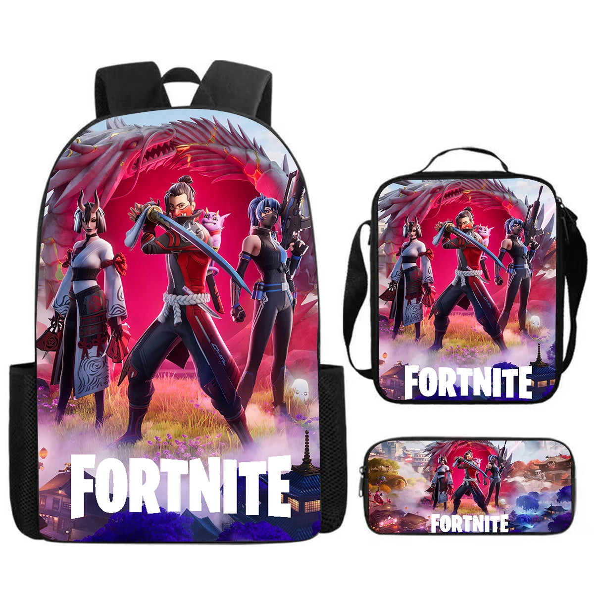 Conjunto Fortnite Cartoon de 3 peças, grande capacidade, adequado para rapazes e raparigas dos 5 aos 8 anos, inclui mochila, lancheira e estojo
