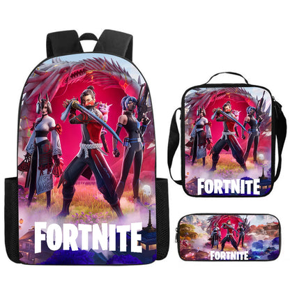 Conjunto Fortnite Cartoon de 3 peças, grande capacidade, adequado para rapazes e raparigas dos 5 aos 8 anos, inclui mochila, lancheira e estojo