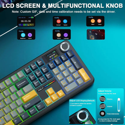 AULA F108 PRO Wireless Mechanical Keyboard 3 Mode RGB Backlit Gaming Keyboard With Screen 8000mAh Battery 104 Keys Hot Swappable