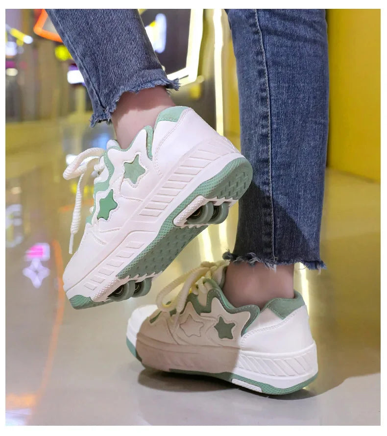 Chaussures de roller pour enfants - Roues rechargeables, couleurs tendance, finition brillante, pour les anniversaires, pour garçons et filles, chaussures décontractées deux-en-un